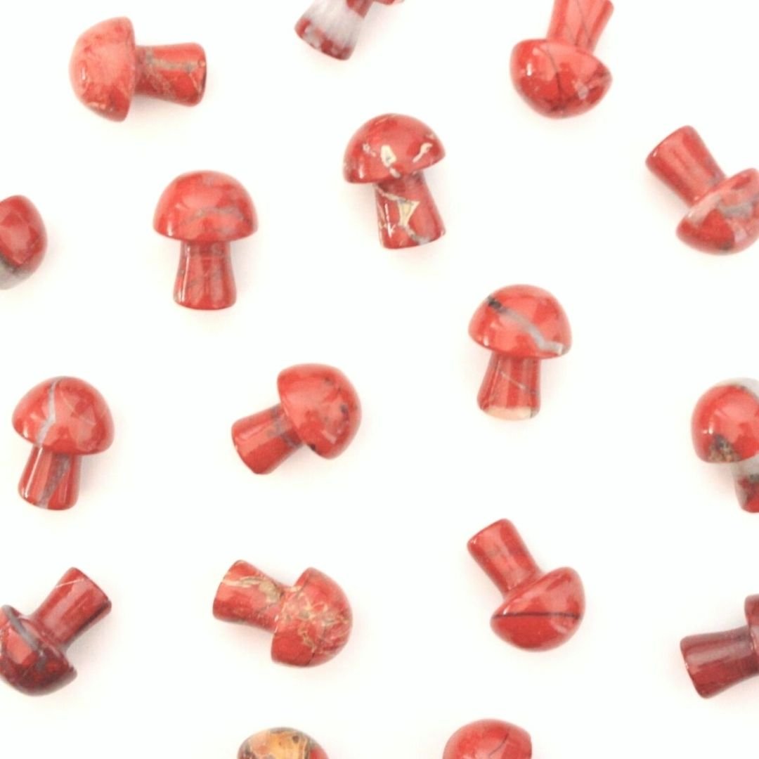 A photo of small crystal mushrooms made from red jasper, a type of chalcedony mineral that is known for its red and brown colours and opaque appearance. Each mushroom has a rounded cap and a short stem, and has been polished to a smooth and shiny finish.